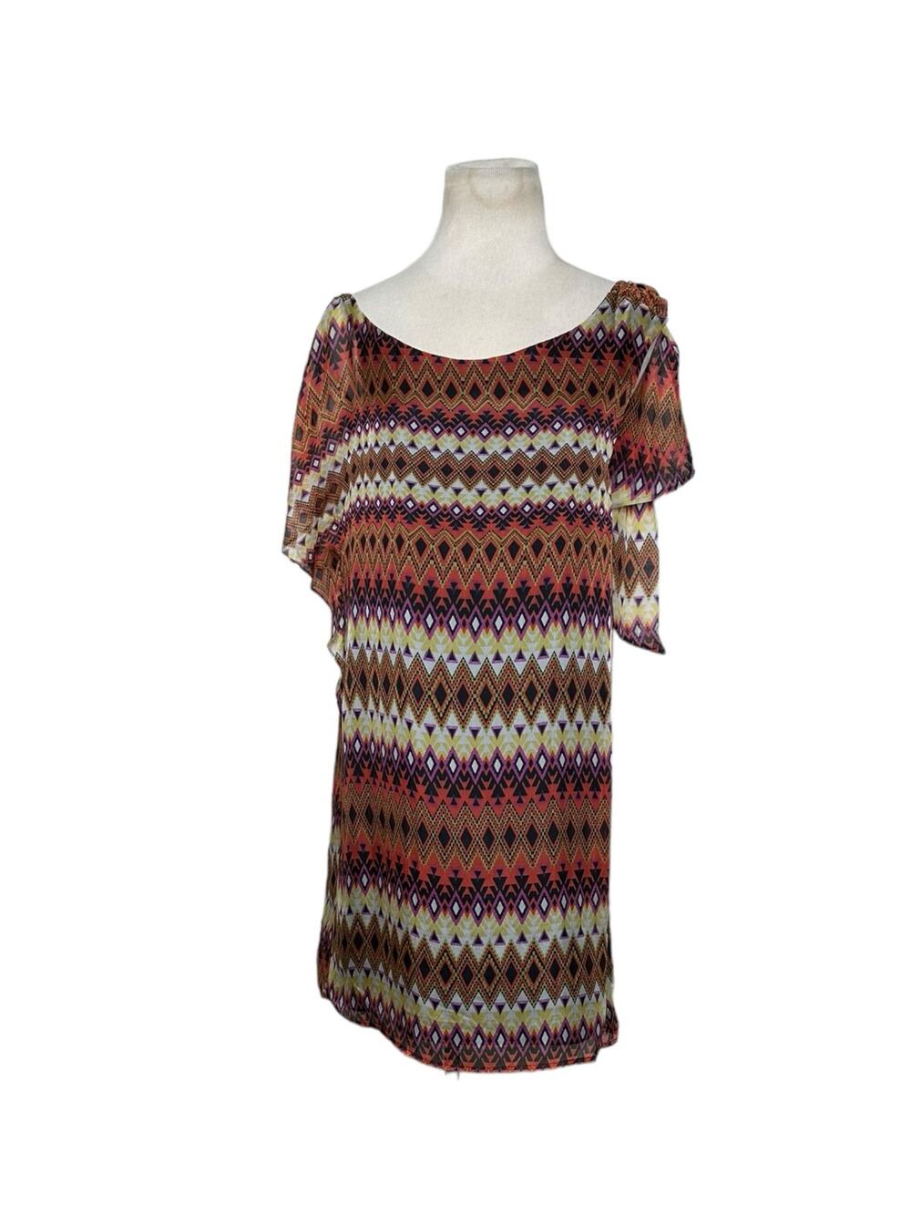Glam orange black cream silk print mini dress size small